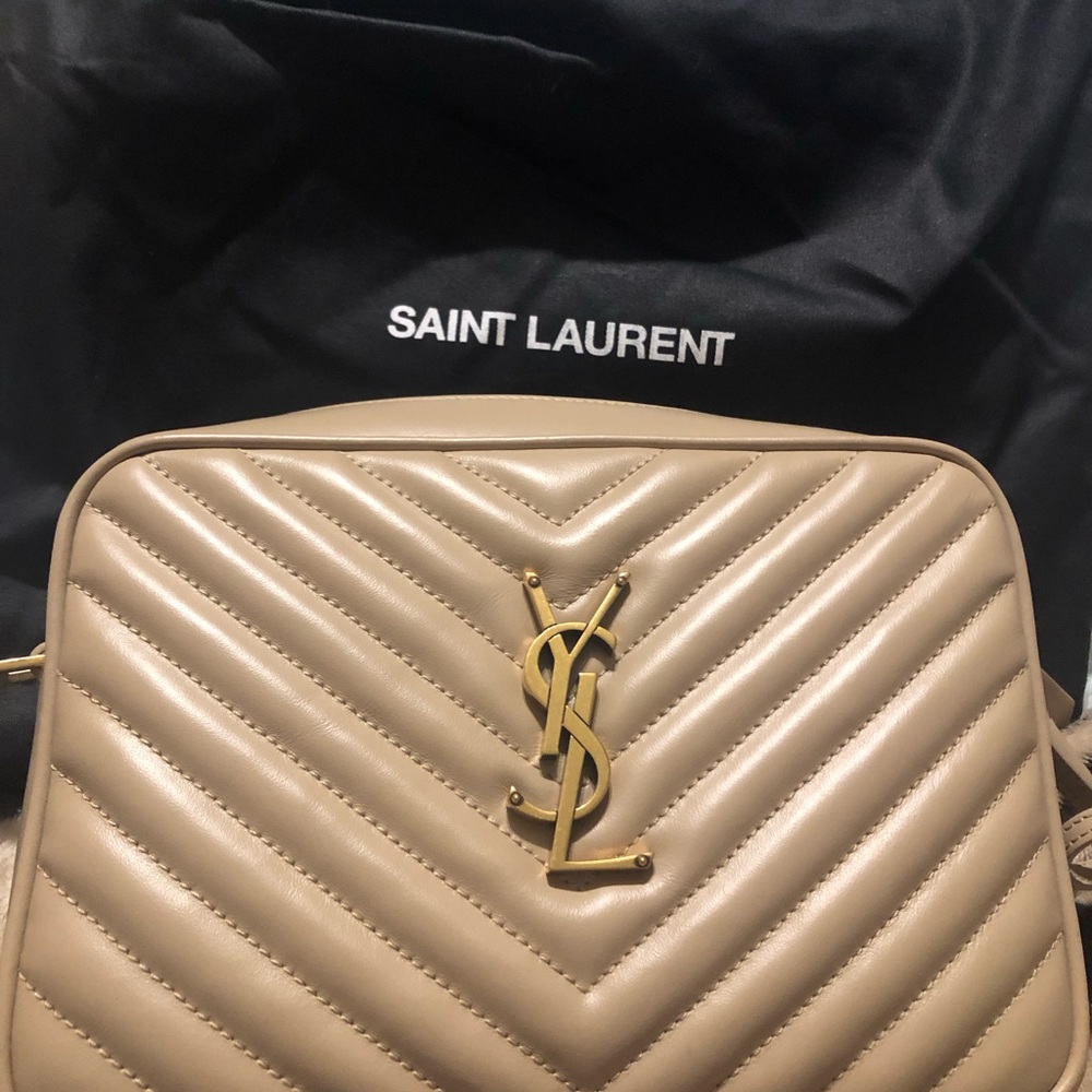 Saint Laurent Quilted Camera Crossbody with Gold YSL- Dark Beige